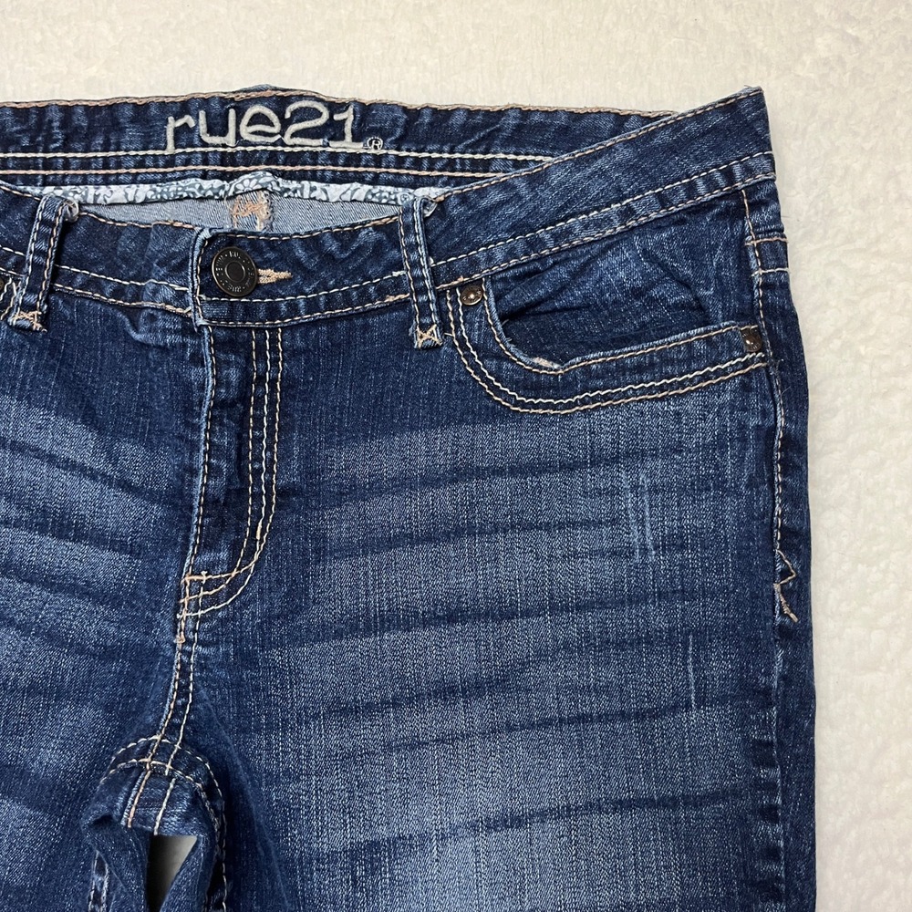 rue21 Jeans Womens 13/14 Blue Slim Straight Dark Wash Embroidered Low Rise Denim